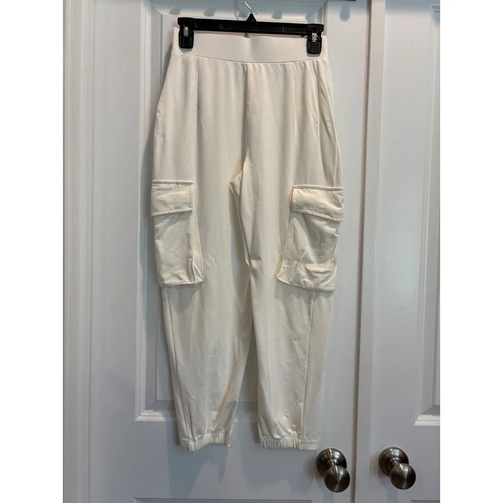 Wynne Layers Womens Cream Cargo Crop Pants XS Off White Elastic Waist Stretch - Picture 3 of 7